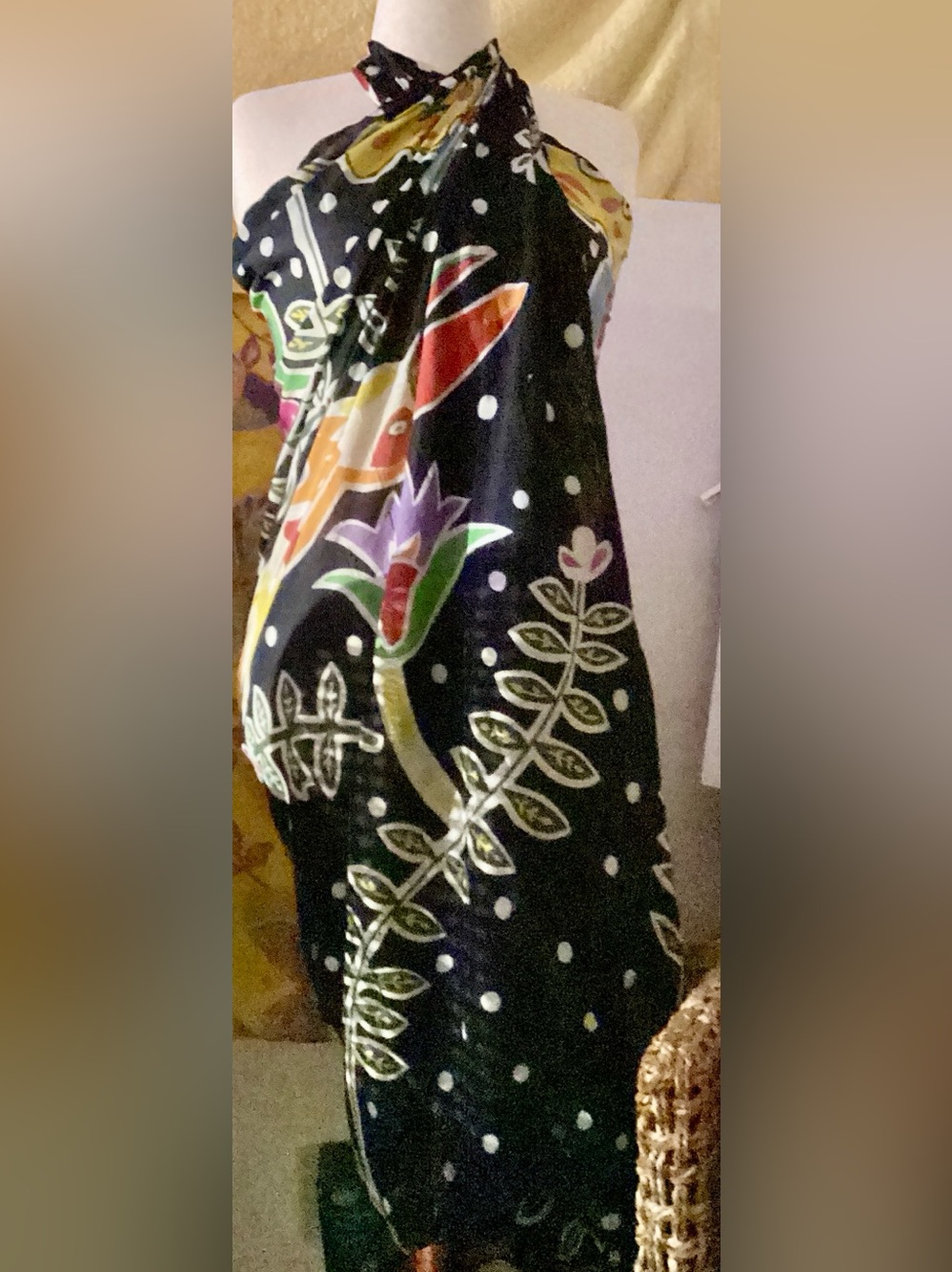 Gauze Polka Dot Pareo with Colorful Tropical Floral Motif